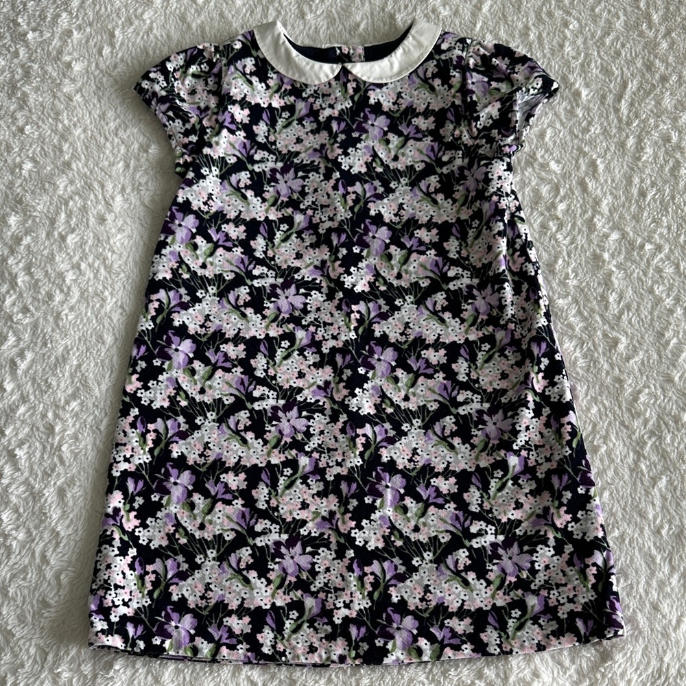 Janie & Jack girls size 6 purple floral on navy blue corduroy short sleeve dress